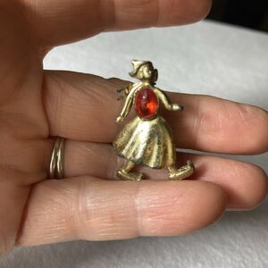 Vintage Dutch Girl Pin Brooch Gold Silver Tone Red Stone